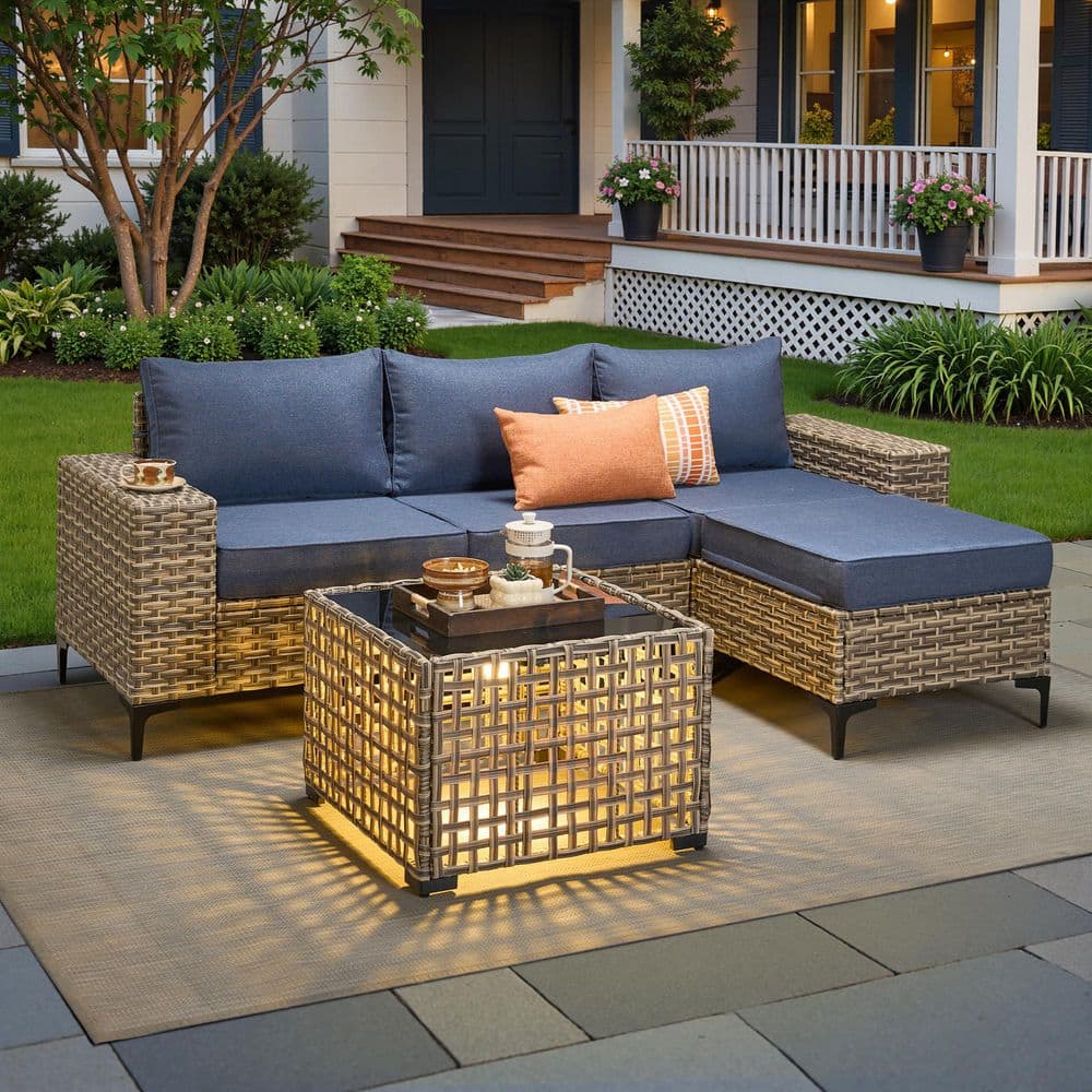Sunny 5-Piece All-Weather Wicker Outdoor Patio Conversation Sofa Set with a Solar-Lighted Table and Denim Blue Cushions price history on PriceWatchPro