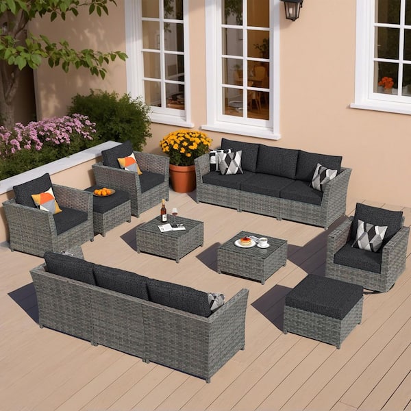 OVIOS Bexley Gray 13-Piece Wicker Patio Conversation Seating Set with Black Cushions and Swivel Chairs