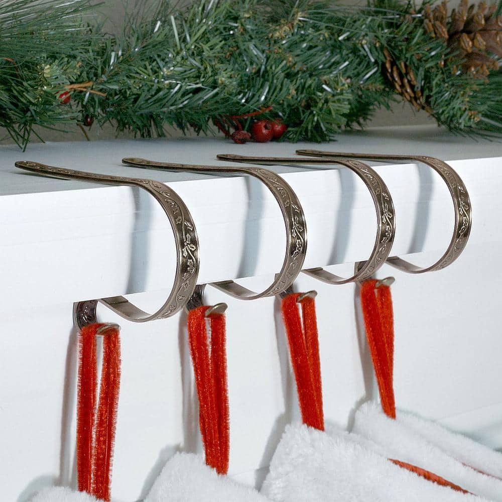 Oil-Rubbed Bronze Holly Embossed MantleClip Stocking Holders, 4-Pack