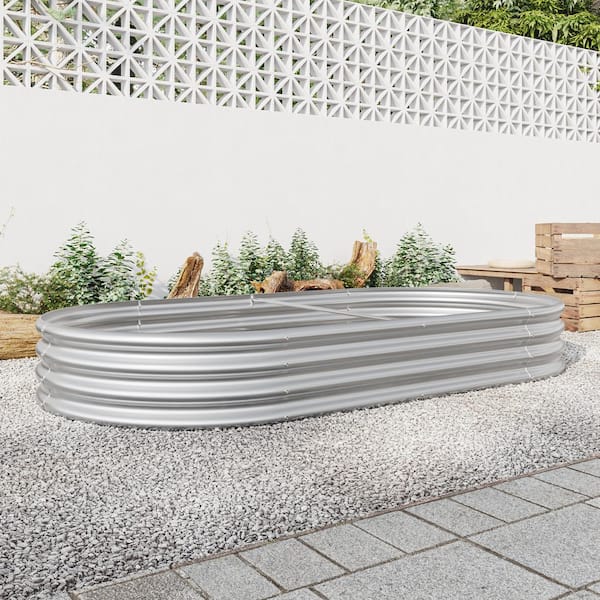 7.4 ft. x 3.7 ft. x 1 ft. Silver Metal Raised Garden Bed, Oval Raised Planter for Growing Flowers, Vegetables, Herbs