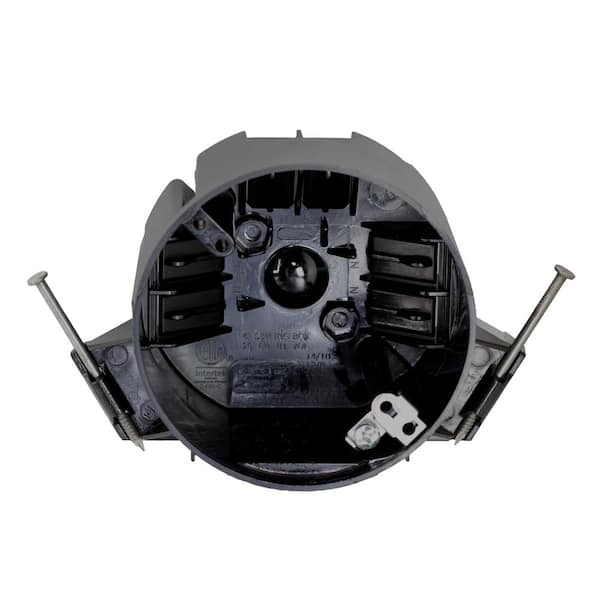 New Work 20 cu. in. Nail-on Round Electrical Ceiling Box with Wiring Clamps and Ground Lug, 50-lb. Capacity, Black