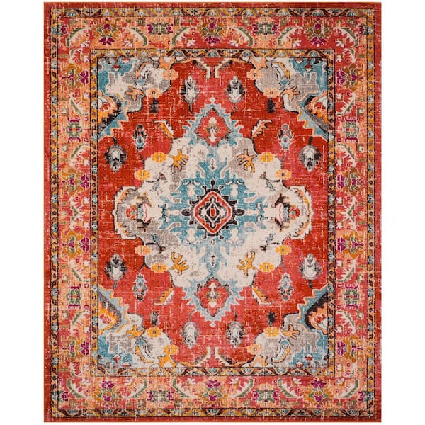Monaco Orange/Light Blue 10 ft. x 14 ft. Distressed Border Medallion Area Rug
