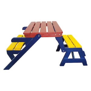 3-in-1 Kids Outdoor Wooden Picnic Table Kid's Multi-Functional Arm Chair With Table+ 2 Benches for Toddlers, Colorful