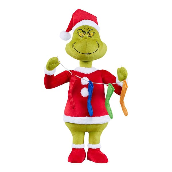 Unbranded 20 in. Dr. Seuss Holiday Greeter Grinch with String of Stockings Standing Decor