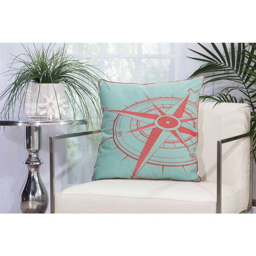 Aqua and Coral Embroidered Square Outdoor Throw Pillow