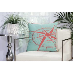 Compass Aqua and Coral Geometric Stain Resistant Indoor/Outdoor 20 in. x 20 in. Throw Pillow