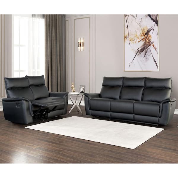 Furniture of America Willis 2-Piece Black Leather Manual Reclining Living Room Set