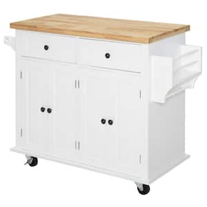 Rolling White Kitchen Island Cart with Rubberwood Top, Spice Rack, Towel Rack, and Drawers