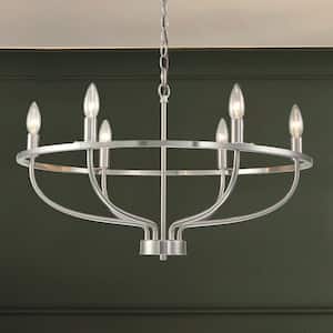 6-Light Satin Nickel Wagon Wheel Farmhouse Chandelier for Kitchen Island Dining Room with No Bulbs Included