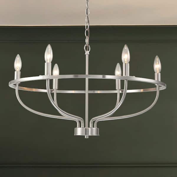C Cattleya 6-Light Satin Nickel Wagon Wheel Farmhouse Chandelier for Kitchen Island Dining Room with No Bulbs Included