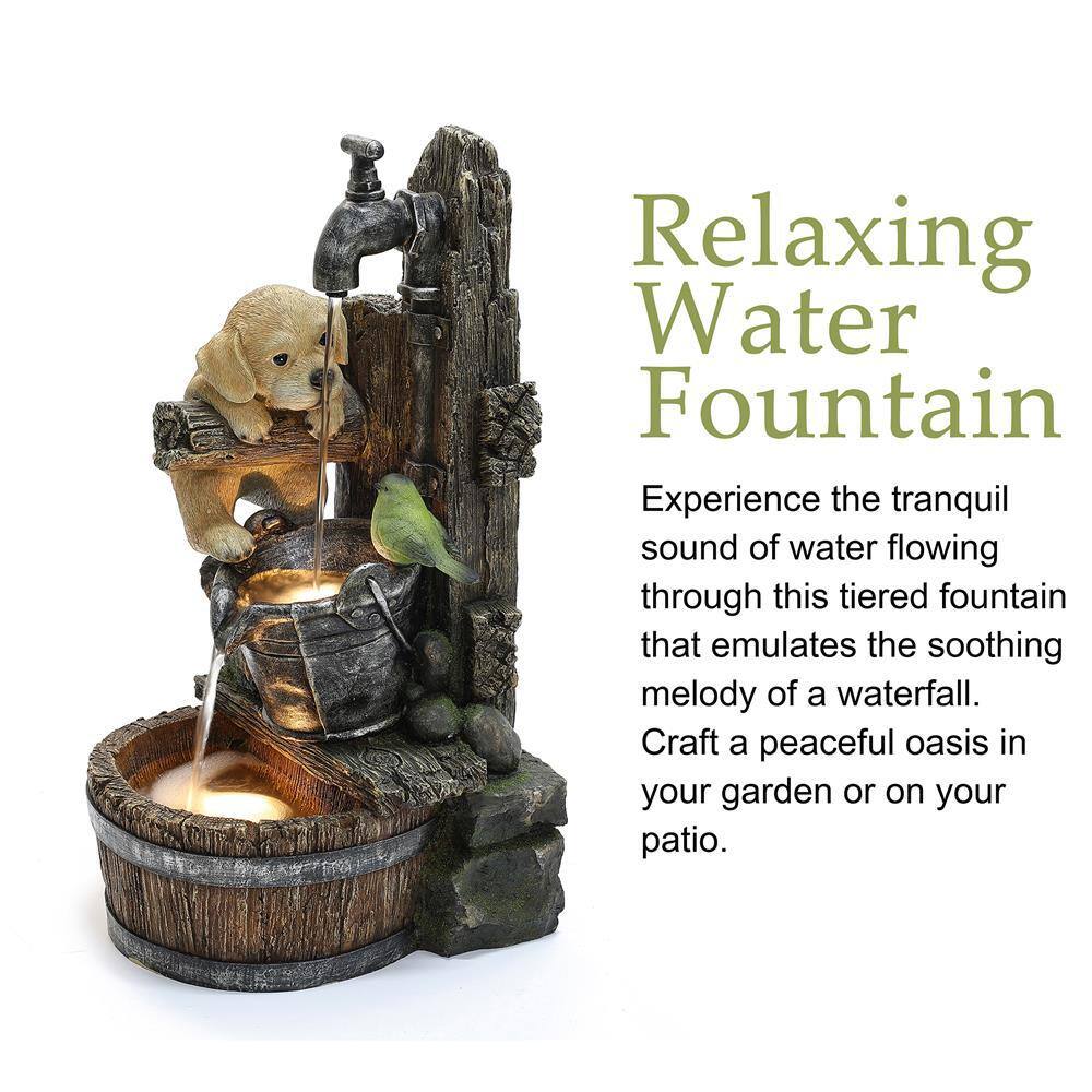Farmhouse Brown Resin Fountain with Puppy and Bird Scene
