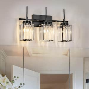 Orillia 19.69 in. 3-Light Modern Industrial Black Bathroom Vanity Light with Crystal Square Shades