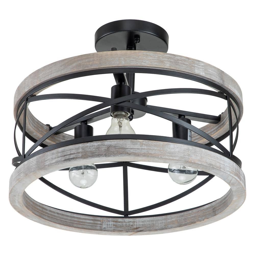 Black and Gray Wood Drum Farmhouse Semi-Flush Mount Ceiling Light