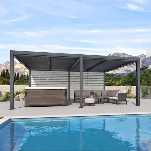 12 ft. x 20 ft. Gray Aluminum Frame Louvered Pergola with Adjustable Sunshade Roofs and 1-Long Side Roller Shades