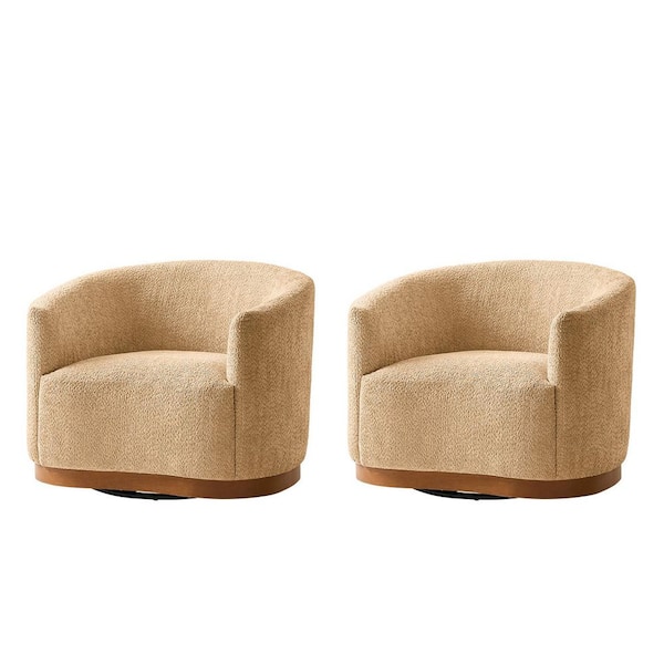 Elda Camel Polyester Armchair (Set of 2) with Curved Backrest and 360° Swivel Base