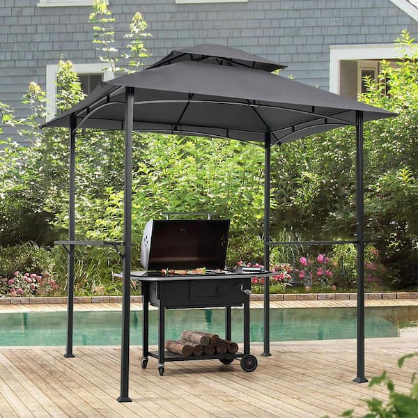 Daheat Agix 8 ft. x 5 ft. Outdoor Grill Gazebo Double Tier Soft Top Canopy and Steel Frame with Hook in Gray