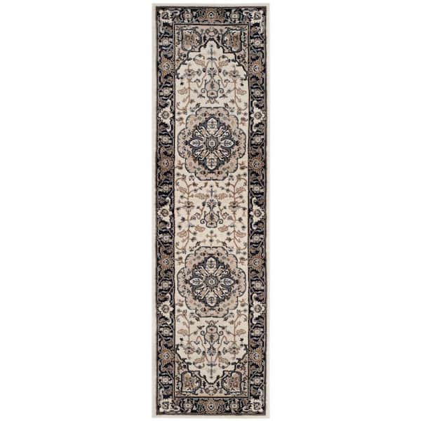 SAFAVIEH Lyndhurst Cream/Navy 2 ft. x 12 ft. Floral Medallion Speckled Runner Rug
