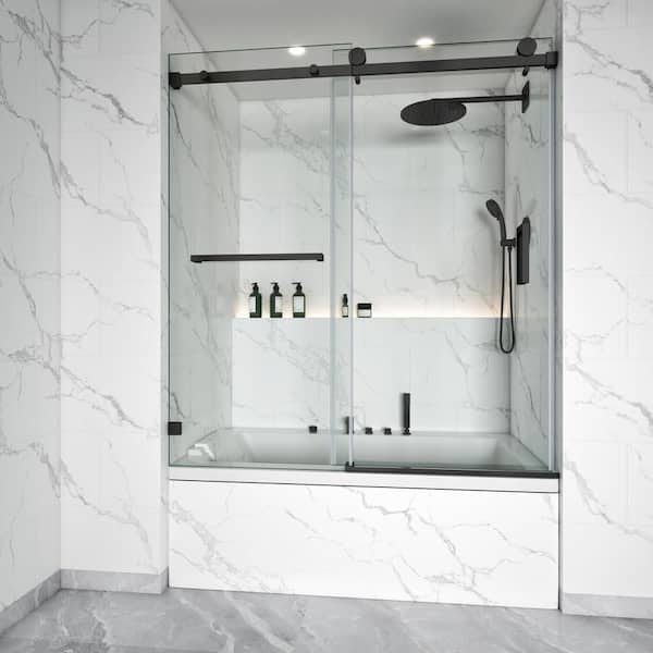 MOHALEN 56-60.5 in. W x 66 in. H Single Sliding Frameless Tub Door in Matte Black with 3/8 in. Clear Tempered Glass