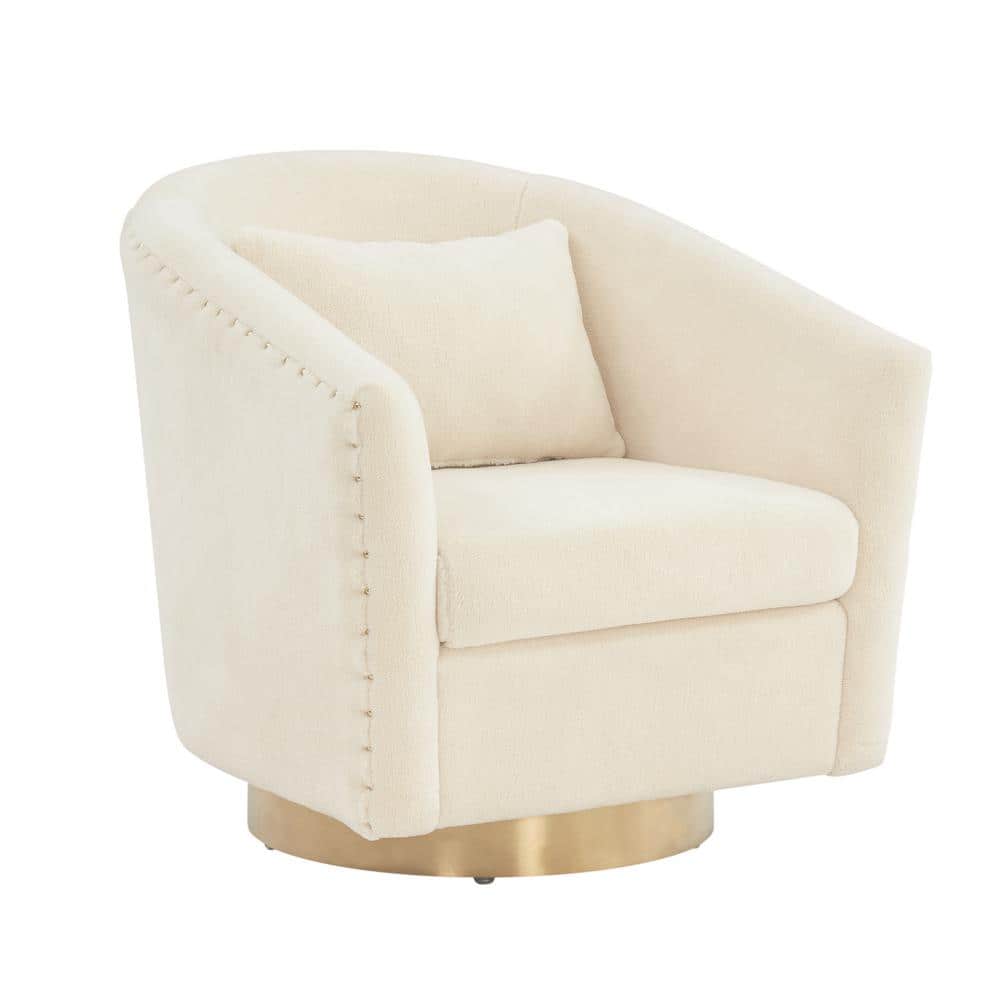 Ivory Velvet Swivel Barrel Chair with Wood Accents