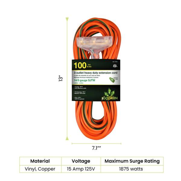 3 Outlet Power Heavy Duty Outdoor Use UL Listed 25-100 Feet Extension Cord 