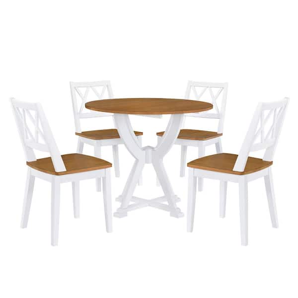 myhomore White 5-Piece Wood Outdoor Round Dining Table Set