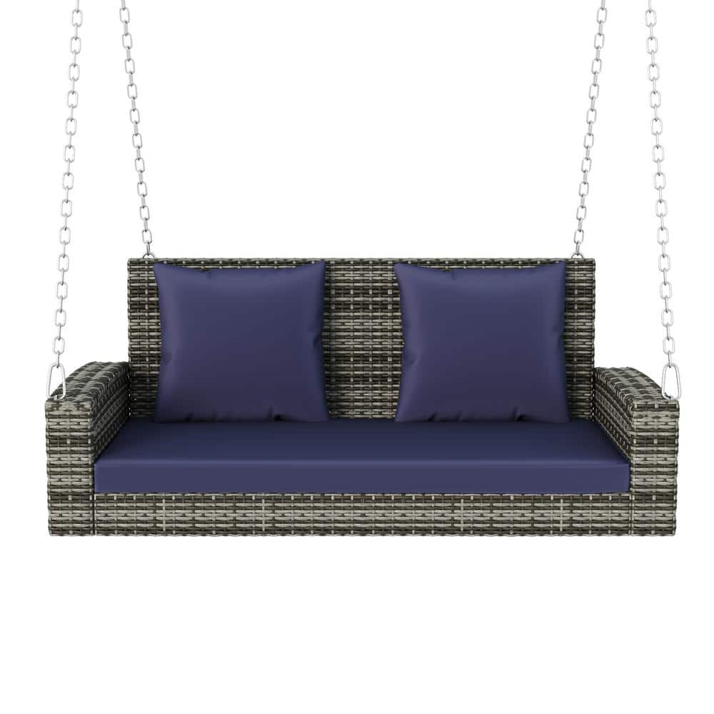 2-Person Gray Wicker Outdoor Patio Porch Swing with Chains, Blue Cushion an
