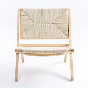 22.8 in. Wide Beige Mid-Century Folding Wood Accent Chair