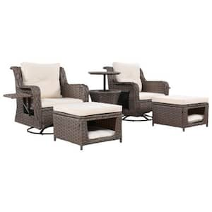 5-Piece Wicker Outdoor Patio Furniture Set with Beige Cushion, Pet House Cool Bar, Retractable Side Tray, Ottoman