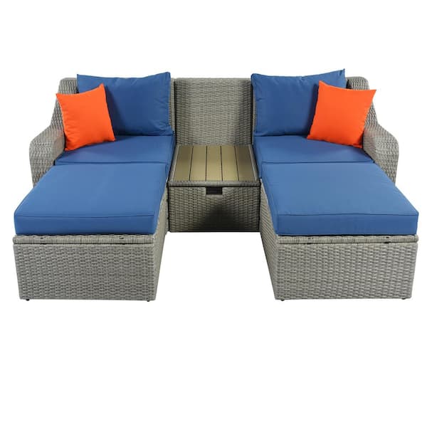 URTR 3-Piece Patio Furniture Set, Outdoor Wicker Conversation Sofa Set, Lounge Chair and Adjustable Table, Blue Cushion