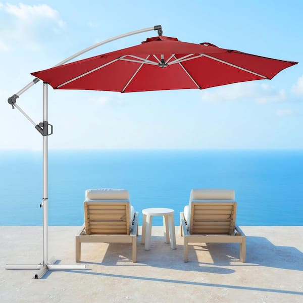 10 ft. Aluminum Offset Easy Tilt and Crank Cantilever Patio Umbrella in Red with 1-Tier Top, Cross Base included