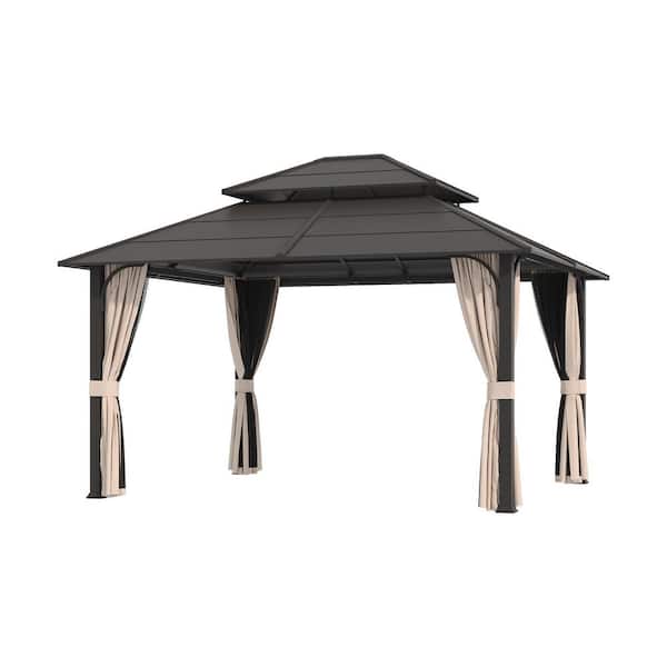 10 ft. x 12 ft. Outdoor Double Roof Hardtop Gazebo with Steel Frame, Mesh and Curtains