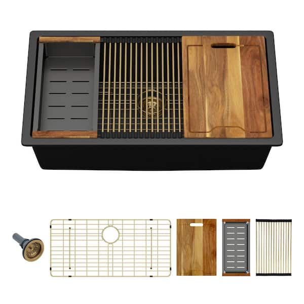 33 in. Undermount Singel Bowl 16 Gauge Black Quartz Kitchen Sink with Basket Strainer, Colander and Cutting Board