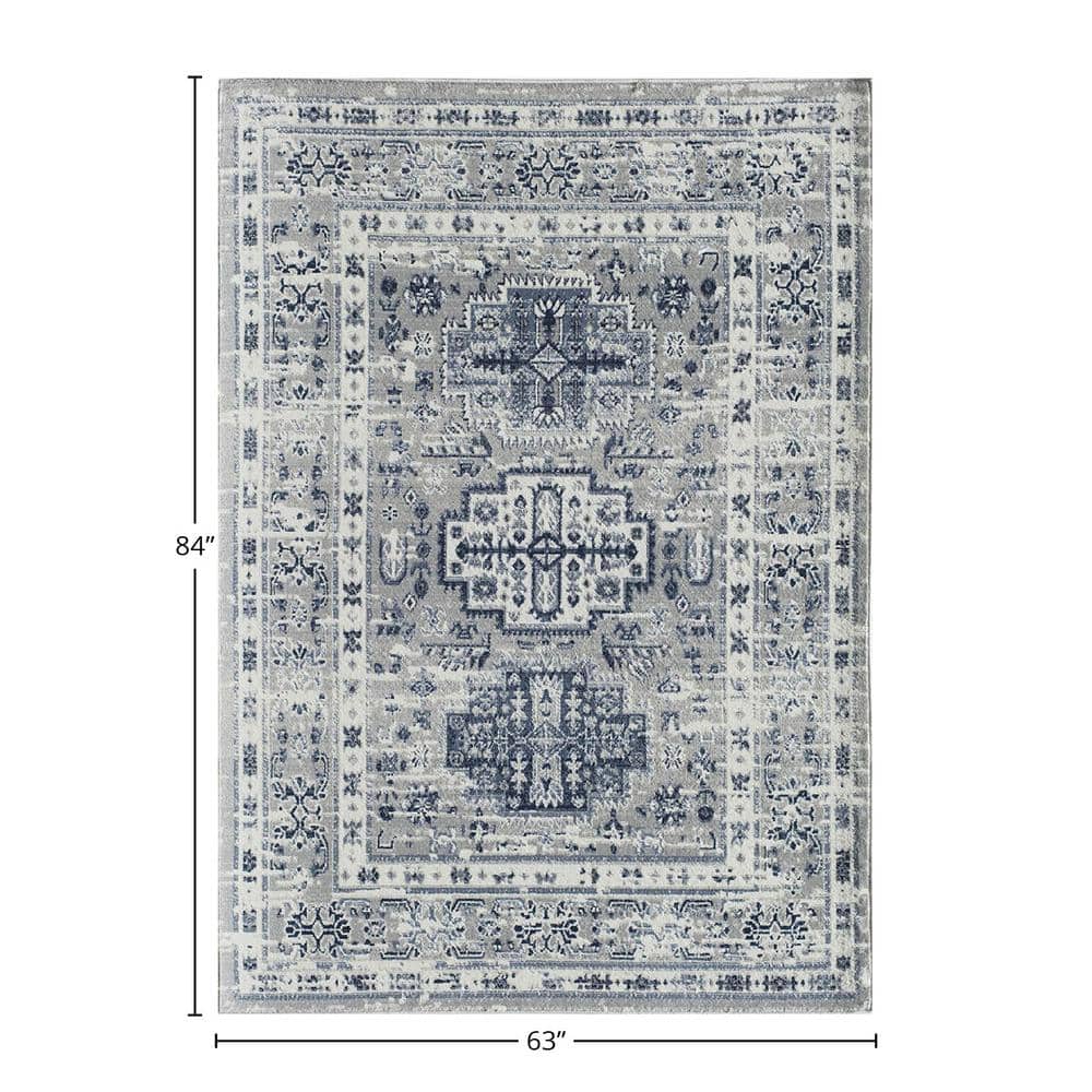 Gray and Navy Floral Synthetic Area Rug, 5'3" x 7'