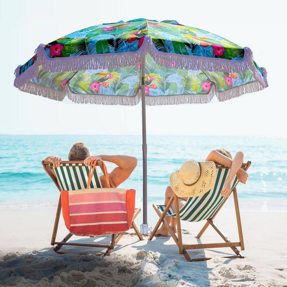 6.5ft Blue Polyester Beach Umbrella with Fringe and Metal Pole