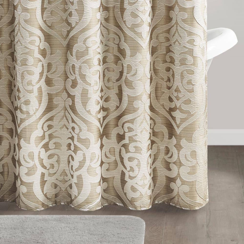 Tan and Ivory Damask Jacquard Fabric Shower Curtain