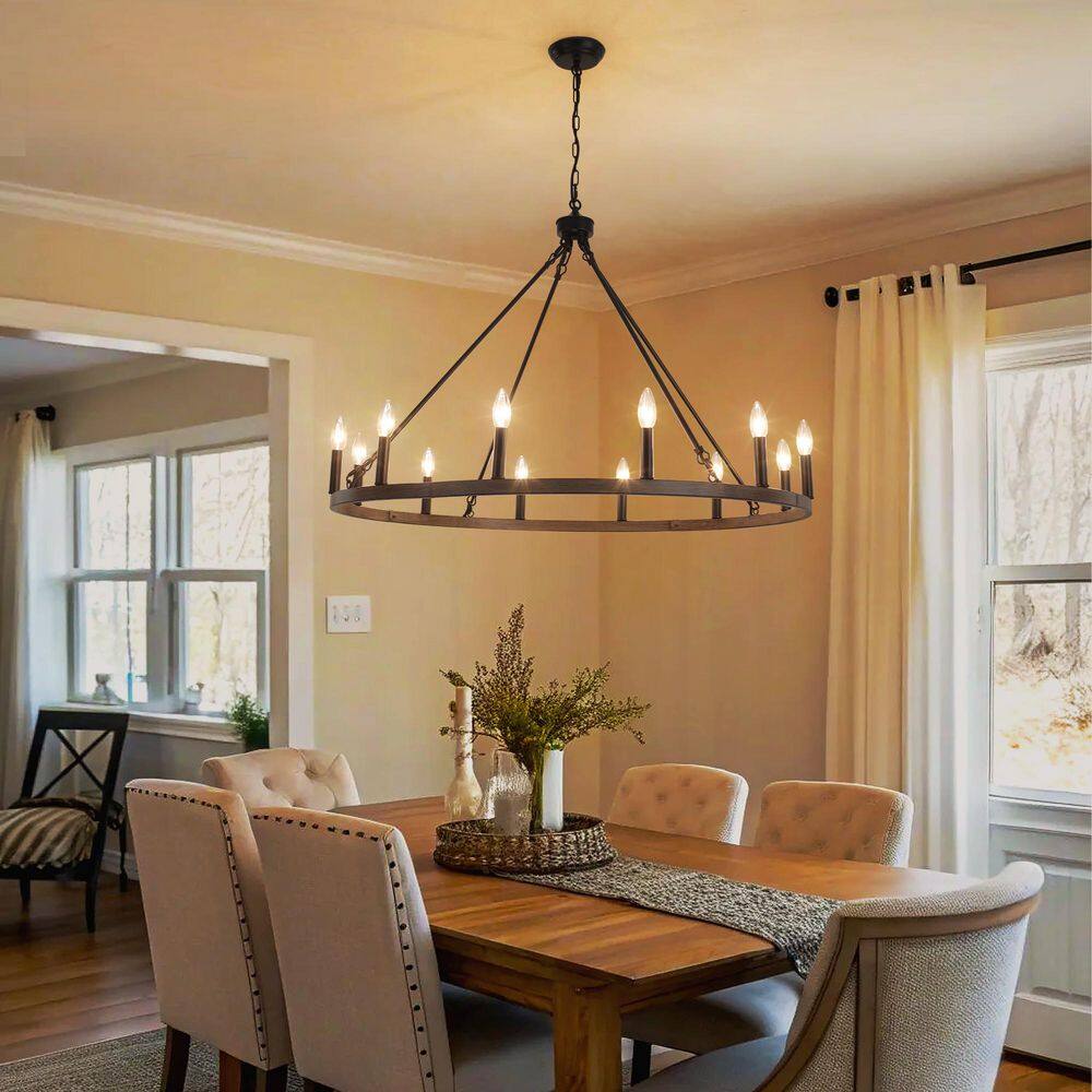 12-Light Wood Grain Faux Finish Wagon Wheel Chandelier Farmhouse Round Pendant Light for Dining Room Foyer Living Room price history on PriceWatchPro