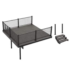 Apex Attached 12 ft x 12 ft Alaskan Driftwood PVC Deck Kit and 3-Step Stair Kit with Steel Framing and Aluminum Railing