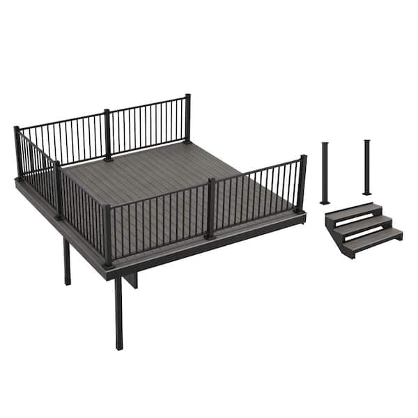 FORTRESS Apex Attached 12 ft x 12 ft Alaskan Driftwood PVC Deck Kit and 3-Step Stair Kit with Steel Framing and Aluminum Railing