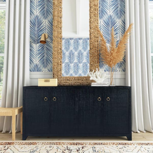 Butler Specialty Company Bar Harbor Navy Blue Raffia 70 in. W Sideboard with 4 Doors and 2 Interior Shelves