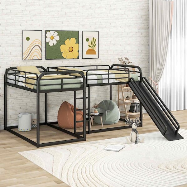 Black Full and Twin Size L-Shaped Bunk Bed with Slide and Short Ladder