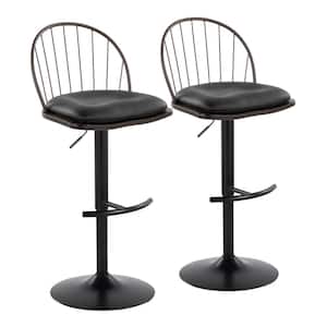 Riley 33 in. Brown Faux Leather, Walnut Wood, Bronze and Black Metal Adjustable Bar Stool Rounded T Footrest (Set of 2)