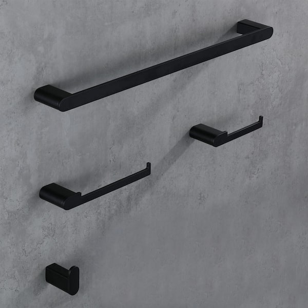 23.6 in. Wall Mounted Bath Accessory Set with Towel Bar, Hook, Roll Paper Holder, and Hand Tower Holder in Black