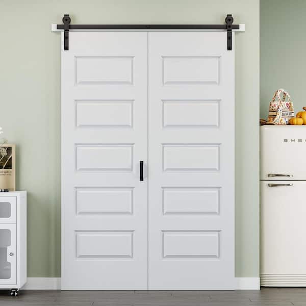 56 in. x 84 in. Paneled 5-Lite White Primed MDF Composite Bi-fold Sliding Barn Door with Hardware Kit and Handle