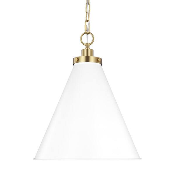 Generation Lighting - Wellfleet 15.625 in. W x 19 in. H 1-Light Matte White/Burnished Brass Medium Cone Pendant Light with Steel Shade