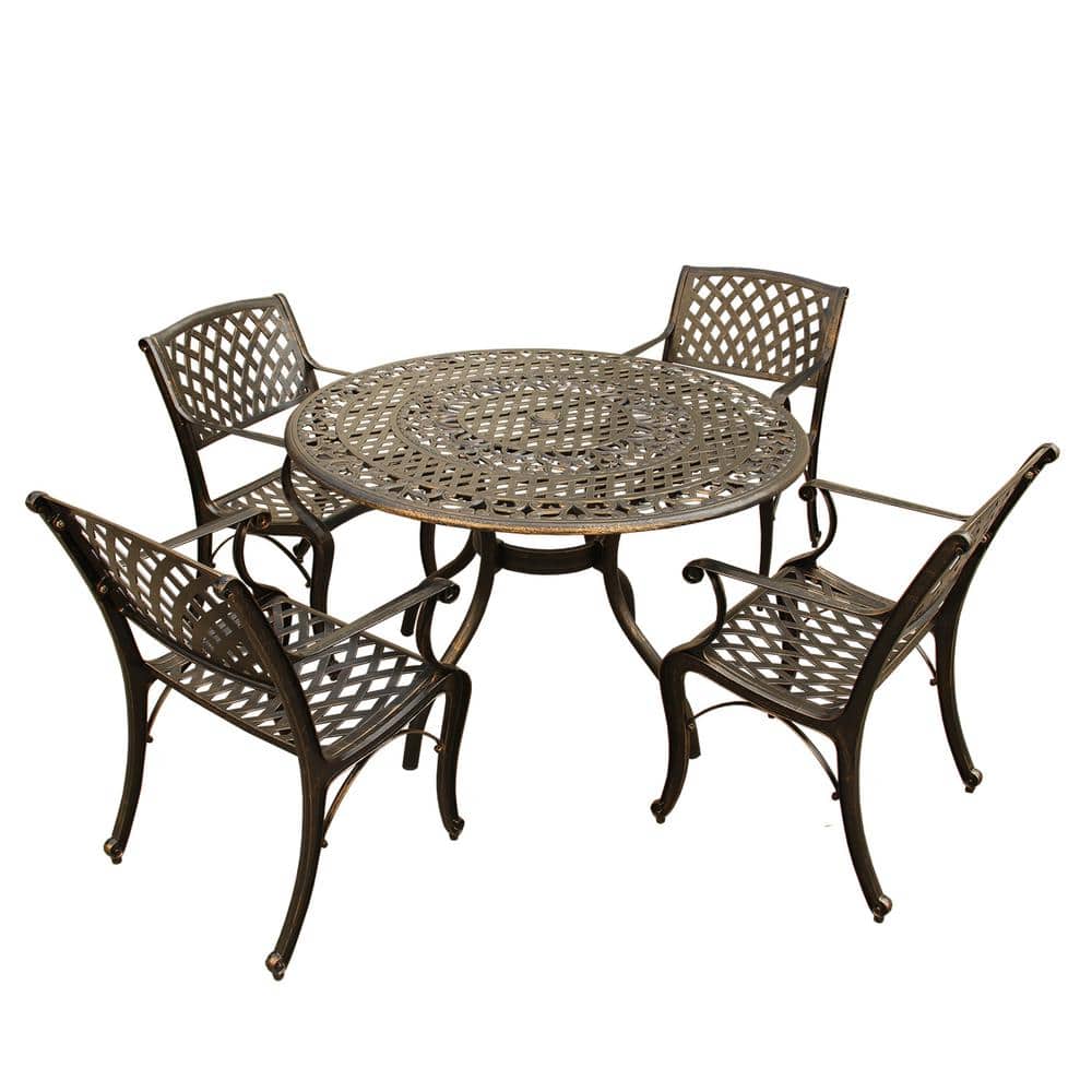 Ornate Traditional and Modern Contemporary 5-Piece Bronze Aluminum Outdoor Dining Set