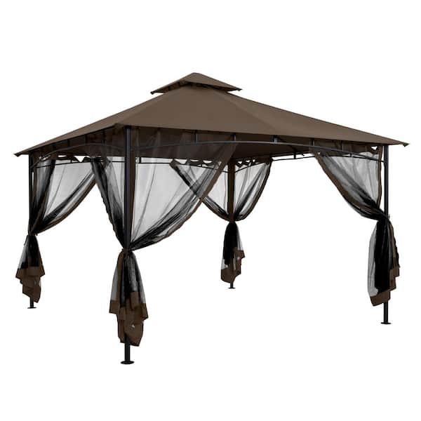 12 ft. x 12 ft. Brown Outdoor Metal Gazebo with Double Roof Soft Top and Netting