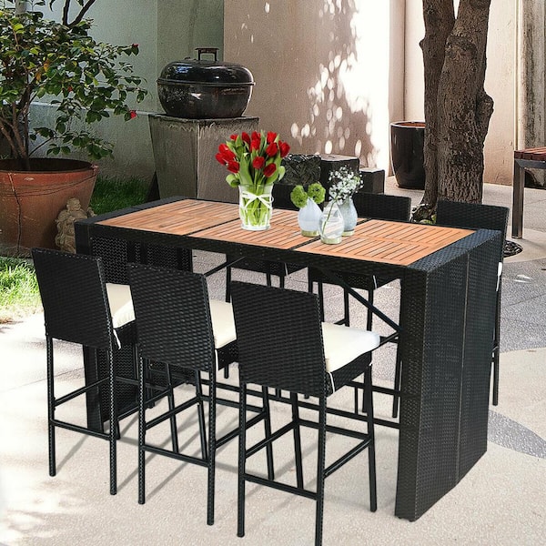 Black 7-Piece Wicker Outdoor Dining Set with Beige Cushions