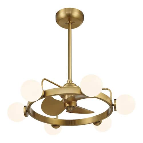 Gibson 30 in. W Indoor Warm Brass Integrated LED Ceiling Fan D´Lier with Opal Glass Shade and Remote Control Included Savoy House Ceiling Fans With Lights