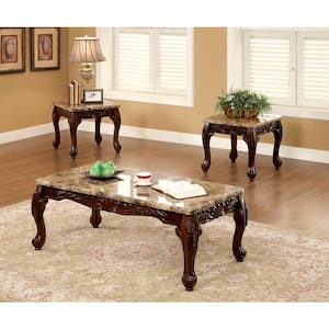 Semoleah 3-Piece 48 in. Dark Oak and Ivory Rectangle Faux Marble Coffee Table Set