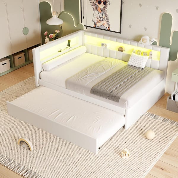 White Wood Frame Full Size Upholstered Platform Bed with Trundle, USB and LED Belt